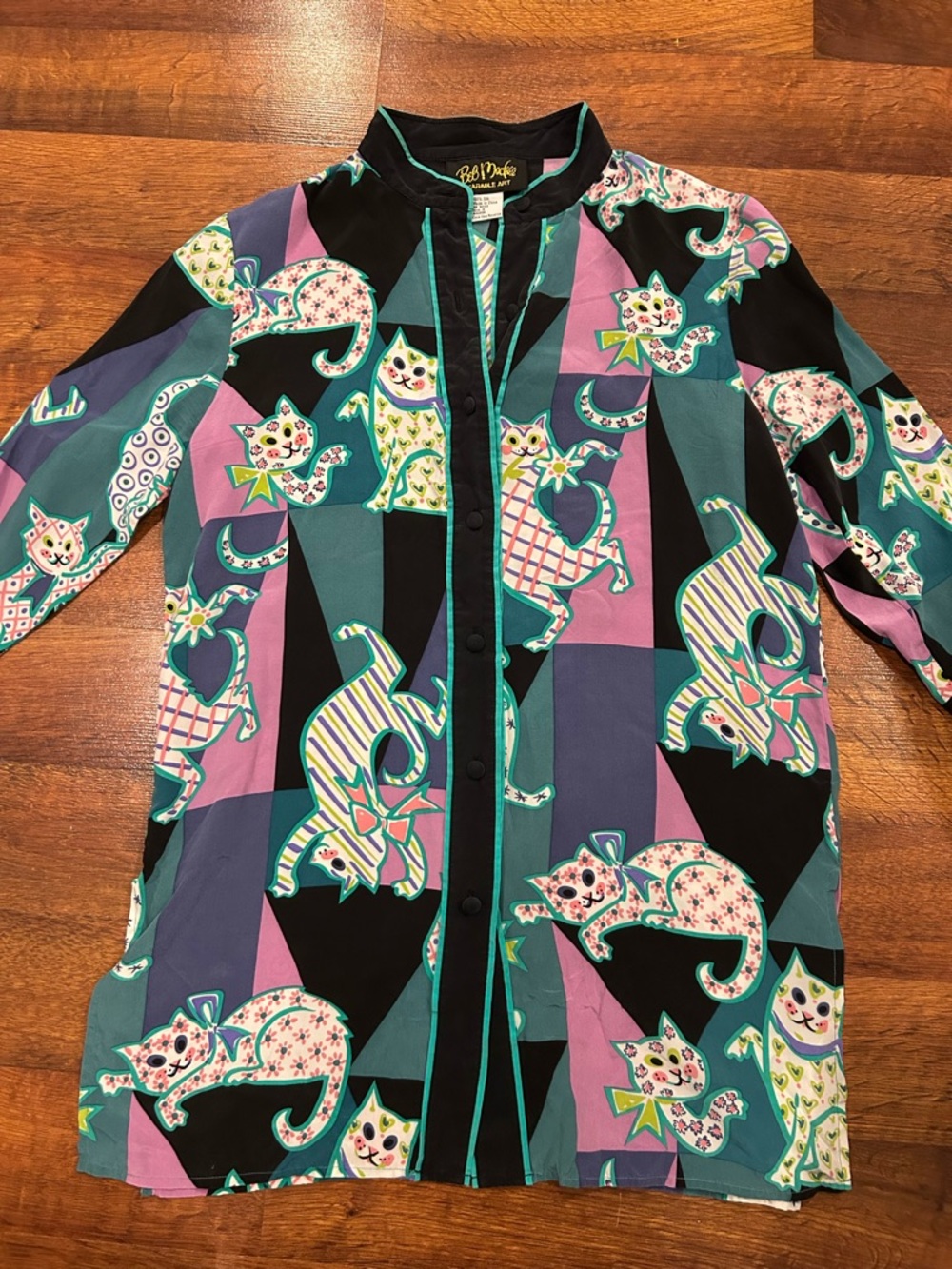 Vintage Bob Mackie Wearable Art Crazy Cat Lady 100% Silk Long Sleeve Tunic Shirt